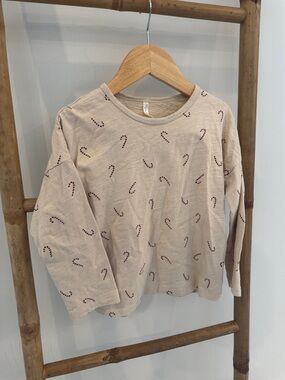 Rylee + Cru Beige Long-Sleeve Top with Candy Cane Print